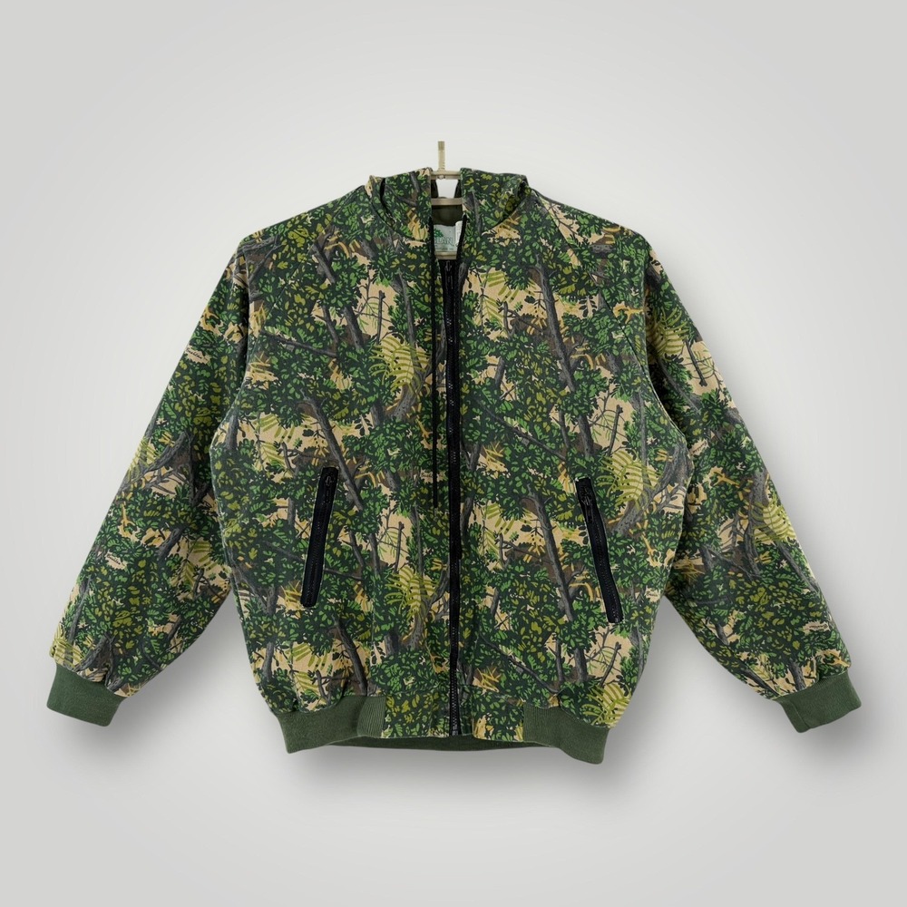 Vintage Bushlan Jacket Mens Medium‎ Green Camo Hooded Bomber Hunting Made in USA